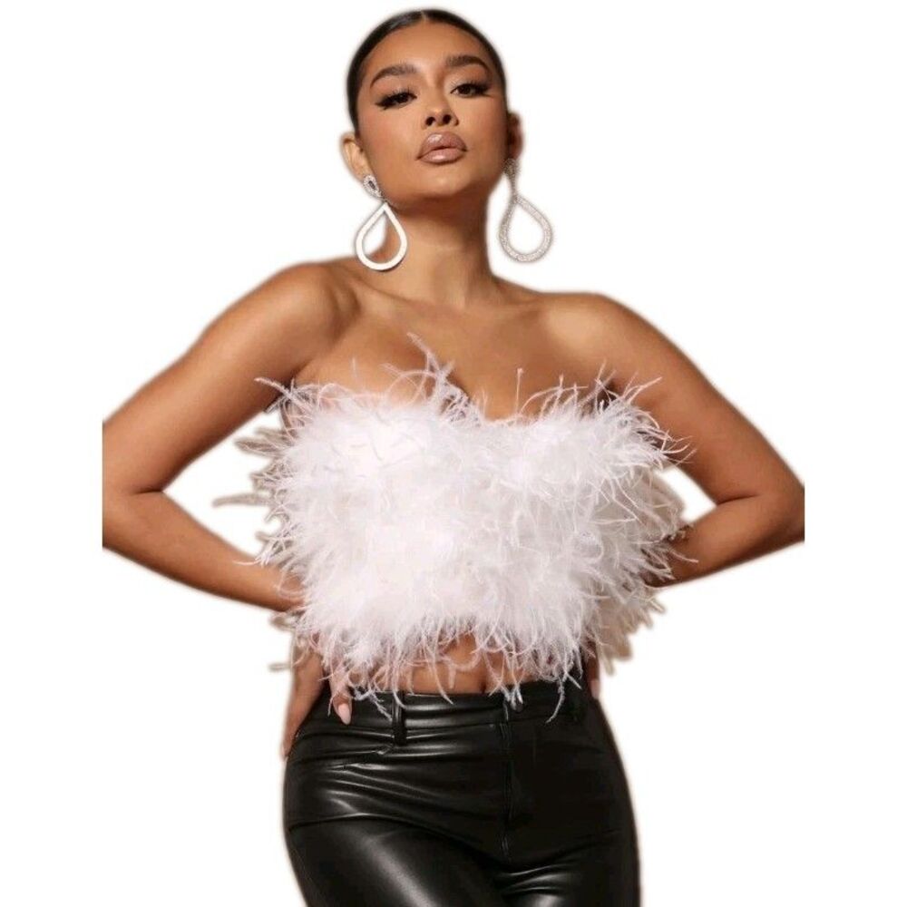 Nova Luxe White Turkey Feather Strapless Bustier Corset Crop Top Sz XL GUC